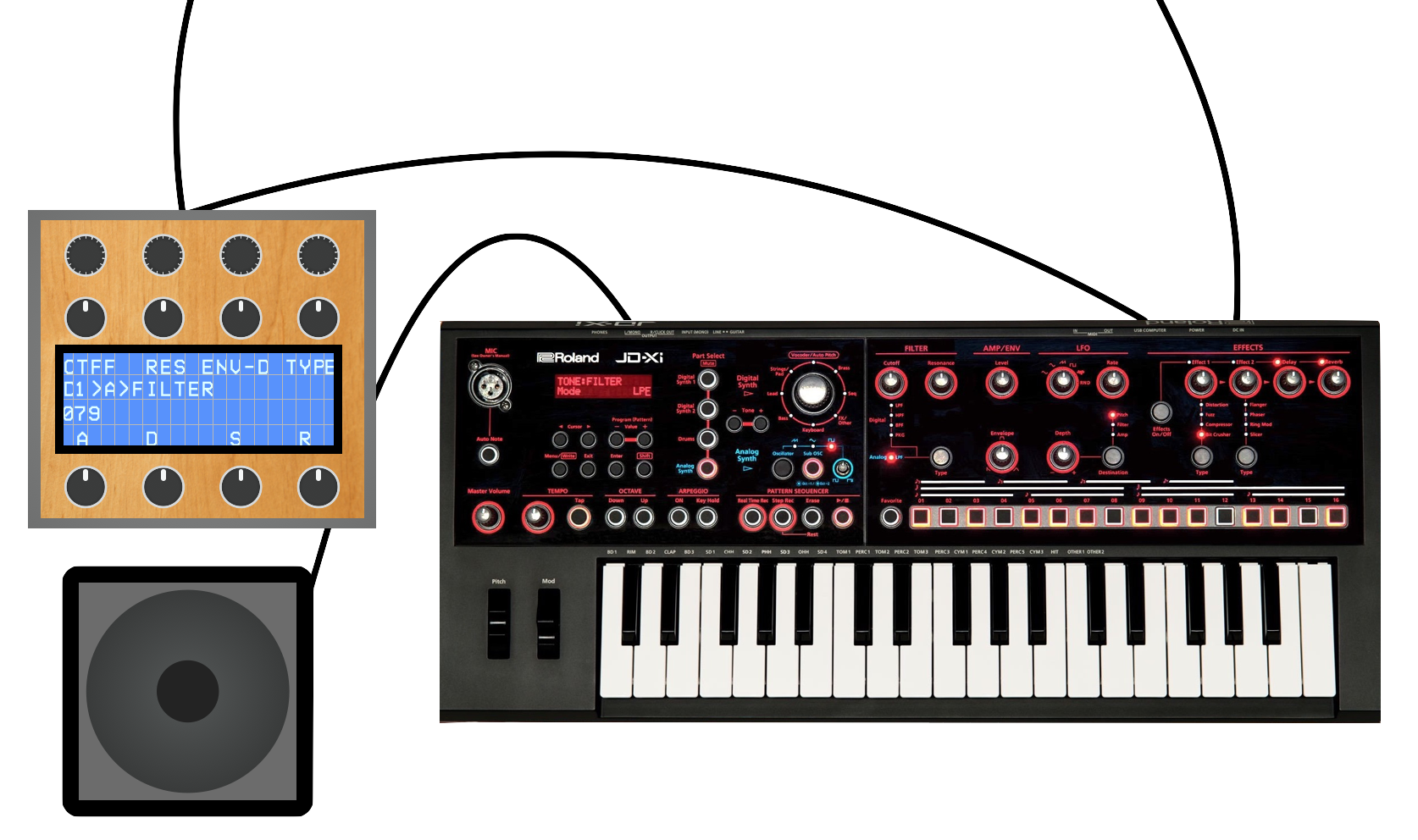 Mockup of DivingBoard in setup with synthesiser and amplifier